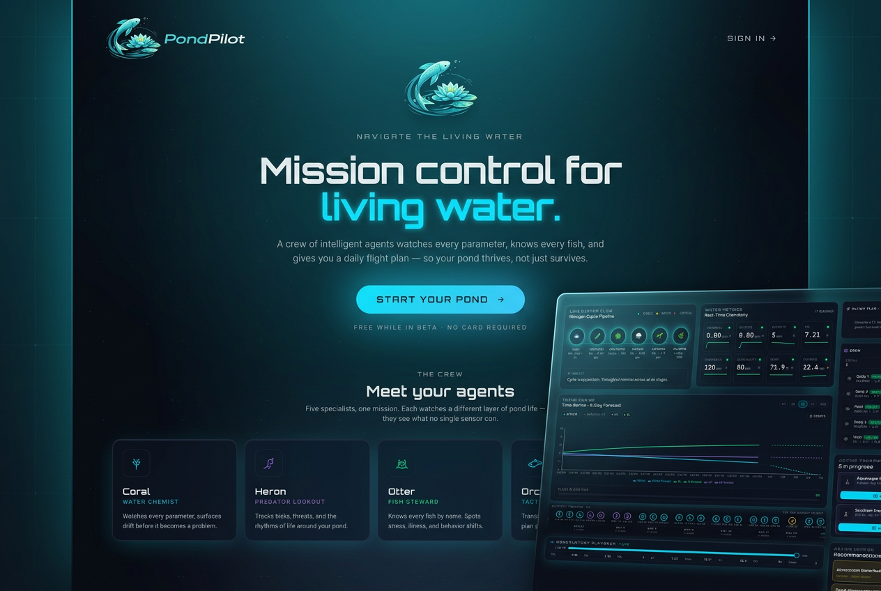 PondPilot landing page and live pond dashboard